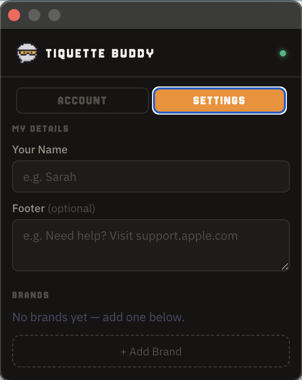 Tiquette Buddy settings panel